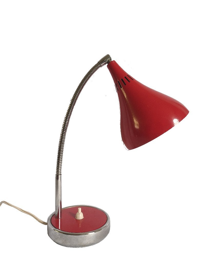 Gaaf leuk vintage retro Italiaans design gooseneck tafellamp, Gebruikt, Ophalen of Verzenden, Rood, Metaal