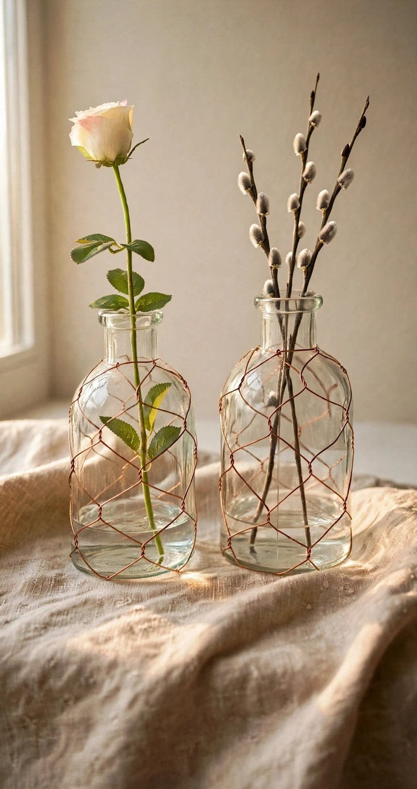 Set van 2 Glazen Vaasjes koperdraad / Flesje Boho Vintage, Ophalen of Verzenden, Zo goed als nieuw, Glas
