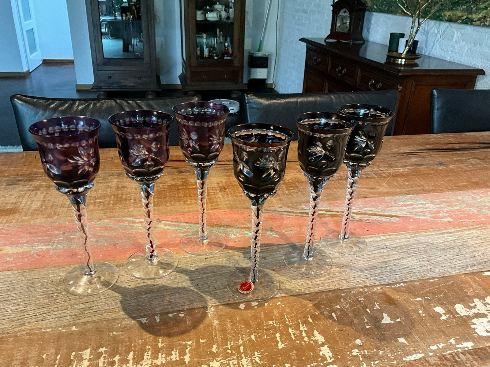 6 ANTIEKE WIJNGLAZEN PURPER,LILA, Ophalen of Verzenden