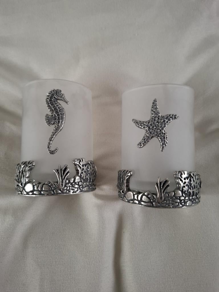 glazen theelichthouders met zilver strand thema, Overige materialen, Overige kleuren, Nieuw, Ophalen of Verzenden