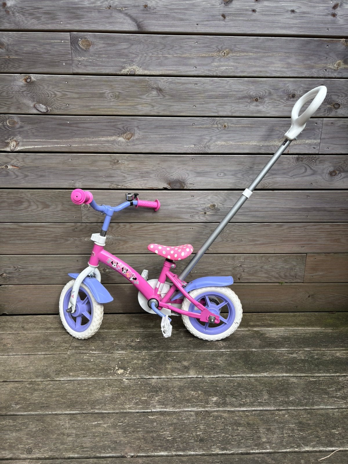 Minnie Mouse eerste fiets met duw stok, Ophalen, Gebruikt, Minder dan 16 inch