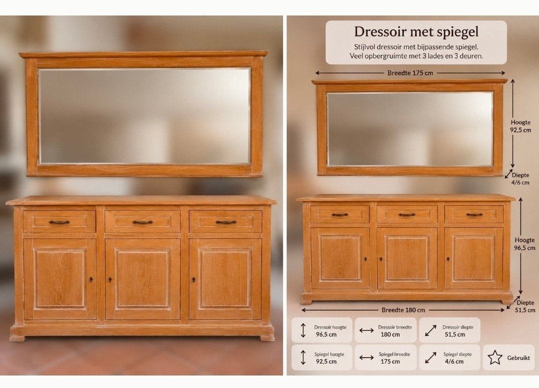 Houten dressoir met grote bijpassende spiegel – 180 cm, Ophalen, Gebruikt, 150 tot 200 cm, Minder dan 100 cm