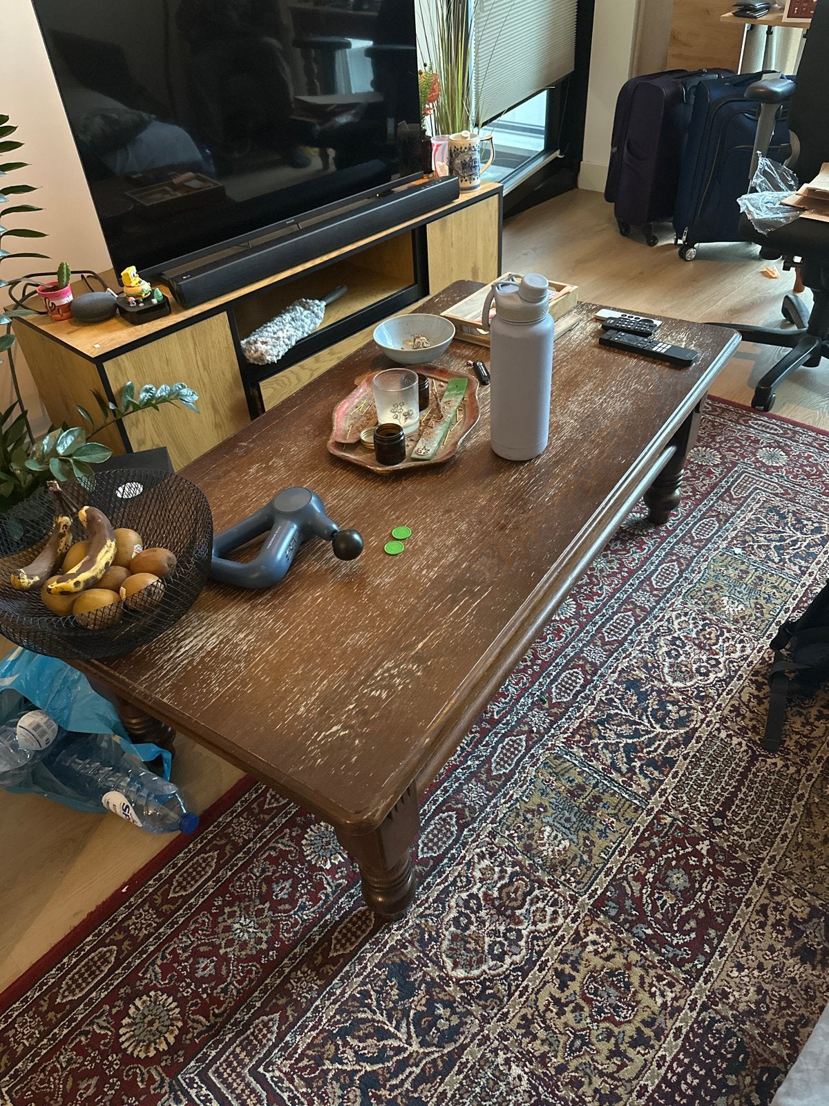 Robuuste houten salontafel met lades, Ophalen, Gebruikt, 100 tot 150 cm, 50 tot 100 cm