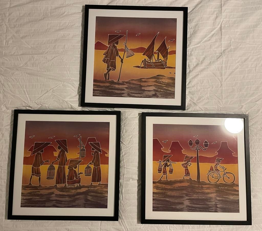 3x Batik kunst uit Yogyakarta, Indonesië - ingelijst, Antiek en Kunst, Ophalen