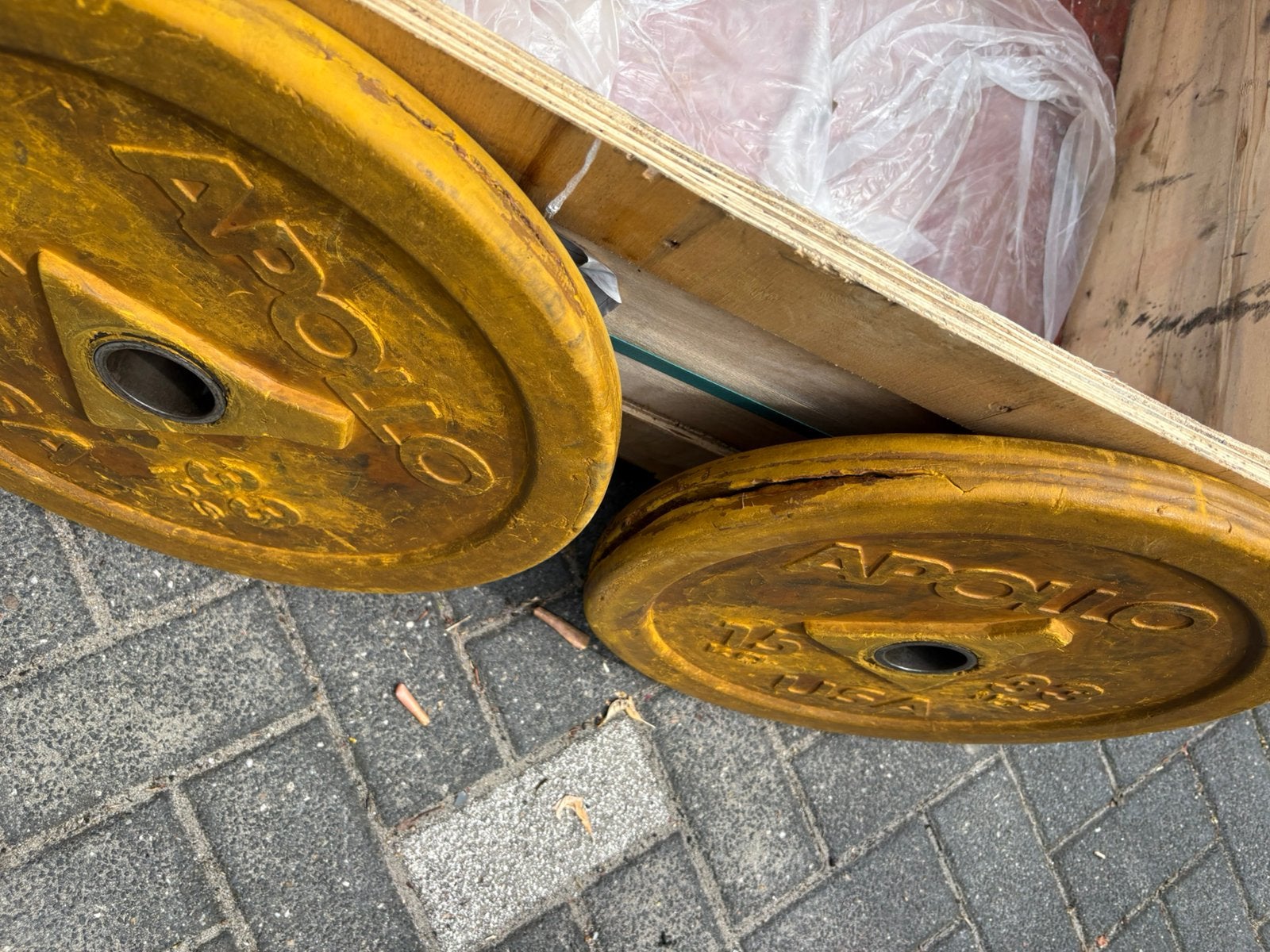 2 x 15 kg Olympische bumperplates 50 mm, Ophalen, Halterschijven, Gebruikt, 2 x 15 kg