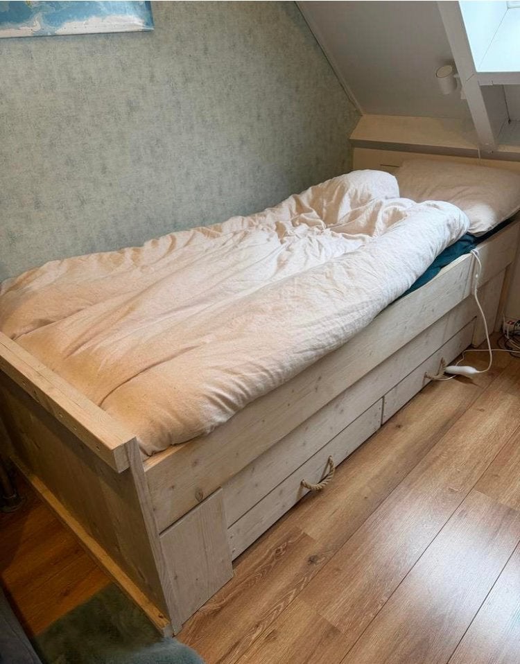 Rockwood Marijn 2 in 1 bed logeerbed steigerhout hout white, Ophalen, 90 cm, Eenpersoons, Wit