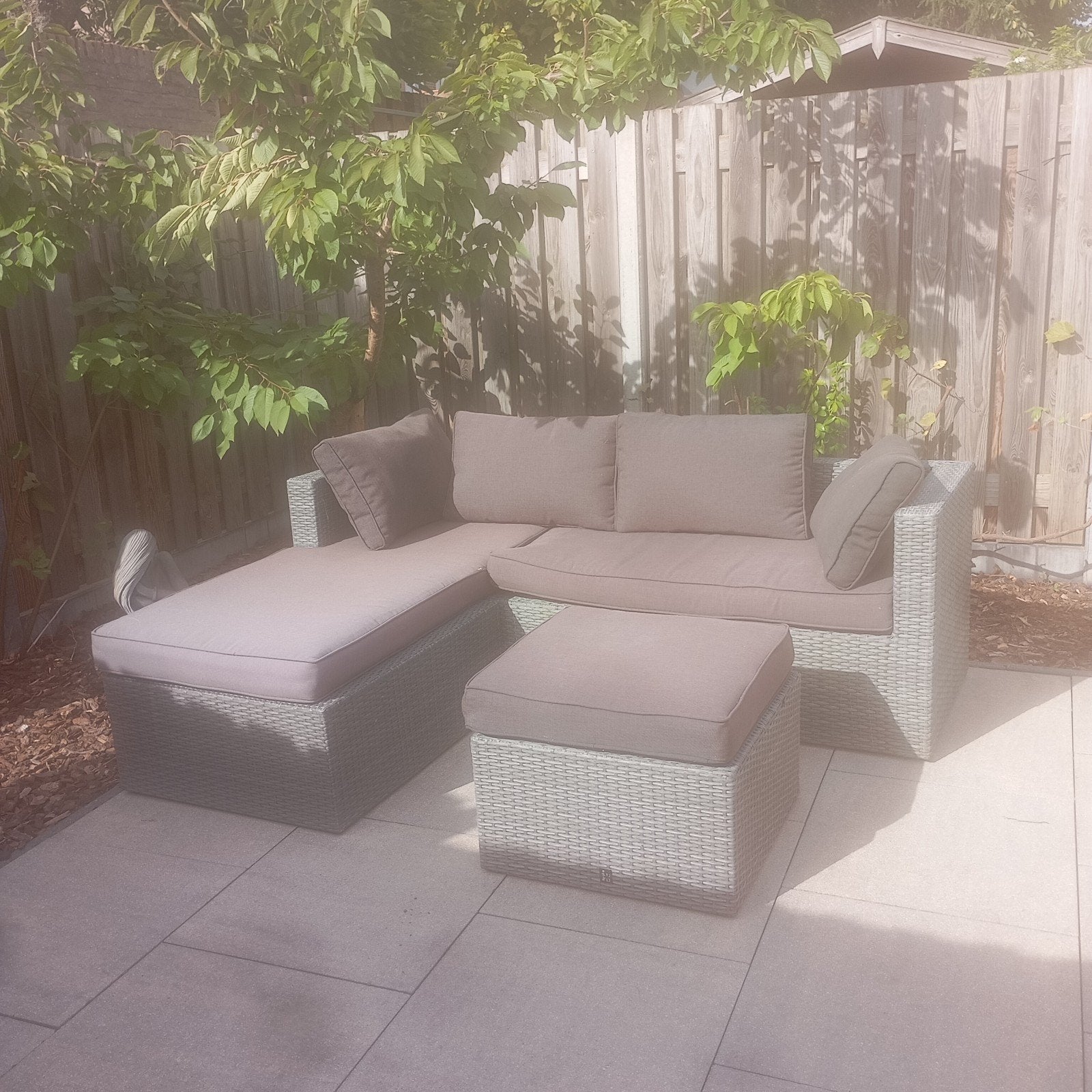 loungeset met kussens - plastic gevlochten, Ophalen, 4 zitplaatsen, Kunststof, Gebruikt