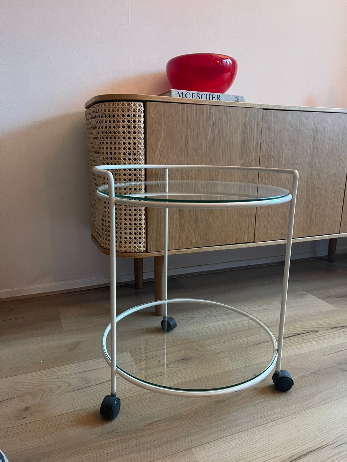 Vintage rond bijzettafeltje / serveerwagen – wit metaal, Ophalen, Minder dan 55 cm, Metaal of Aluminium, Rond