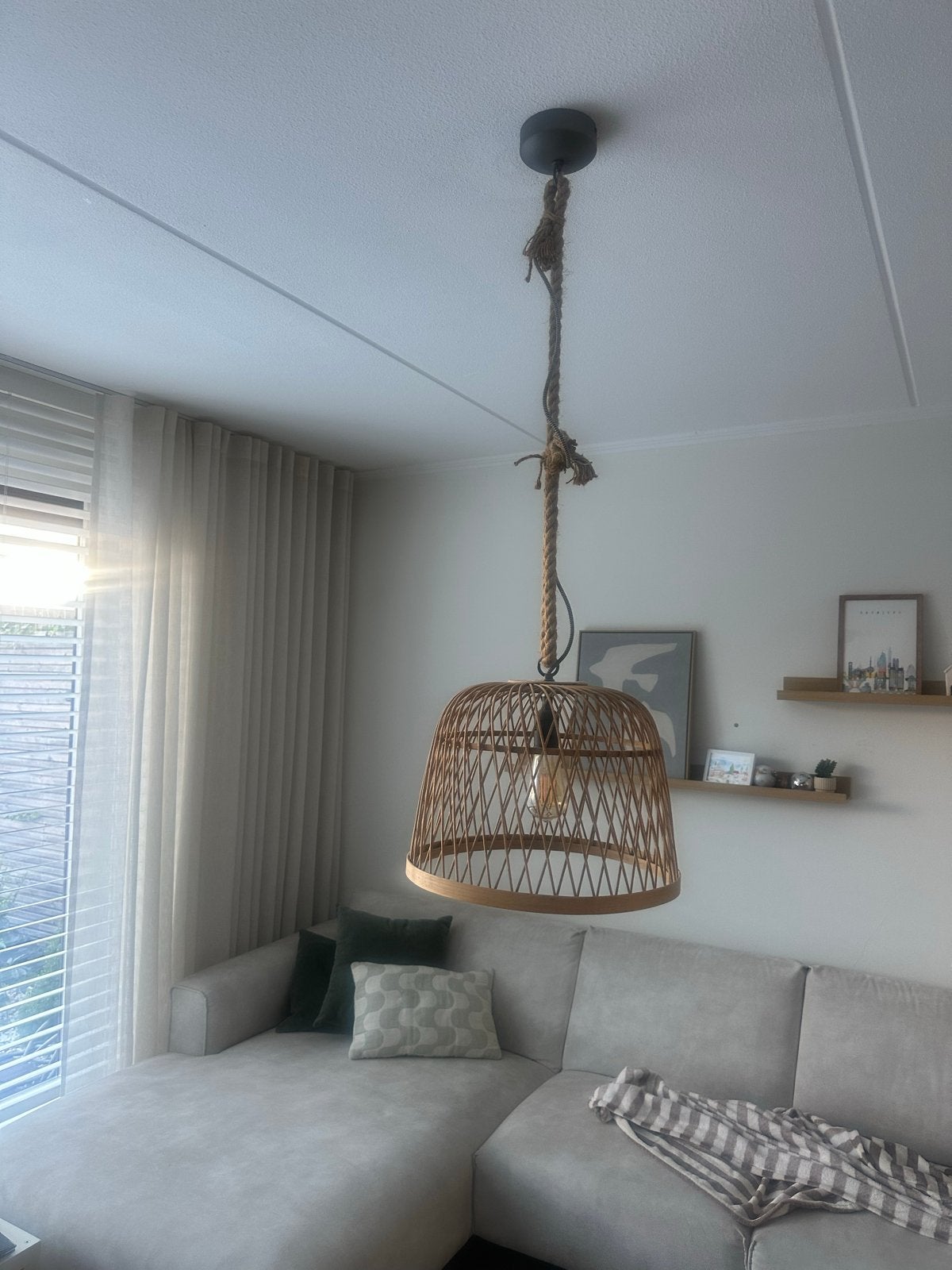 Rotan hanglamp met touw en E27 fitting, Ophalen, Zo goed als nieuw, Natuurlijk materiaal, E27 (groot)