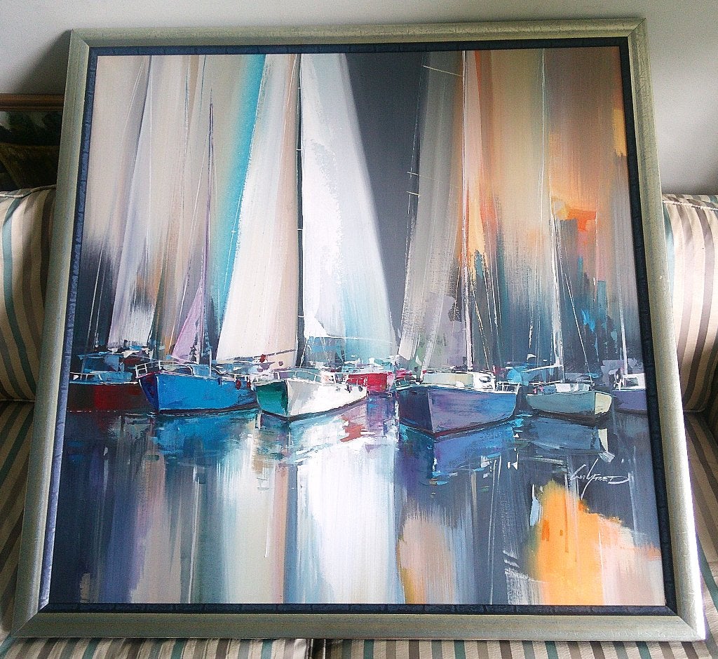 Zeilschepen in haven - Wilfred Lang (geb.1954), Ophalen, Maritiem / water, Doek, Impressionistisch