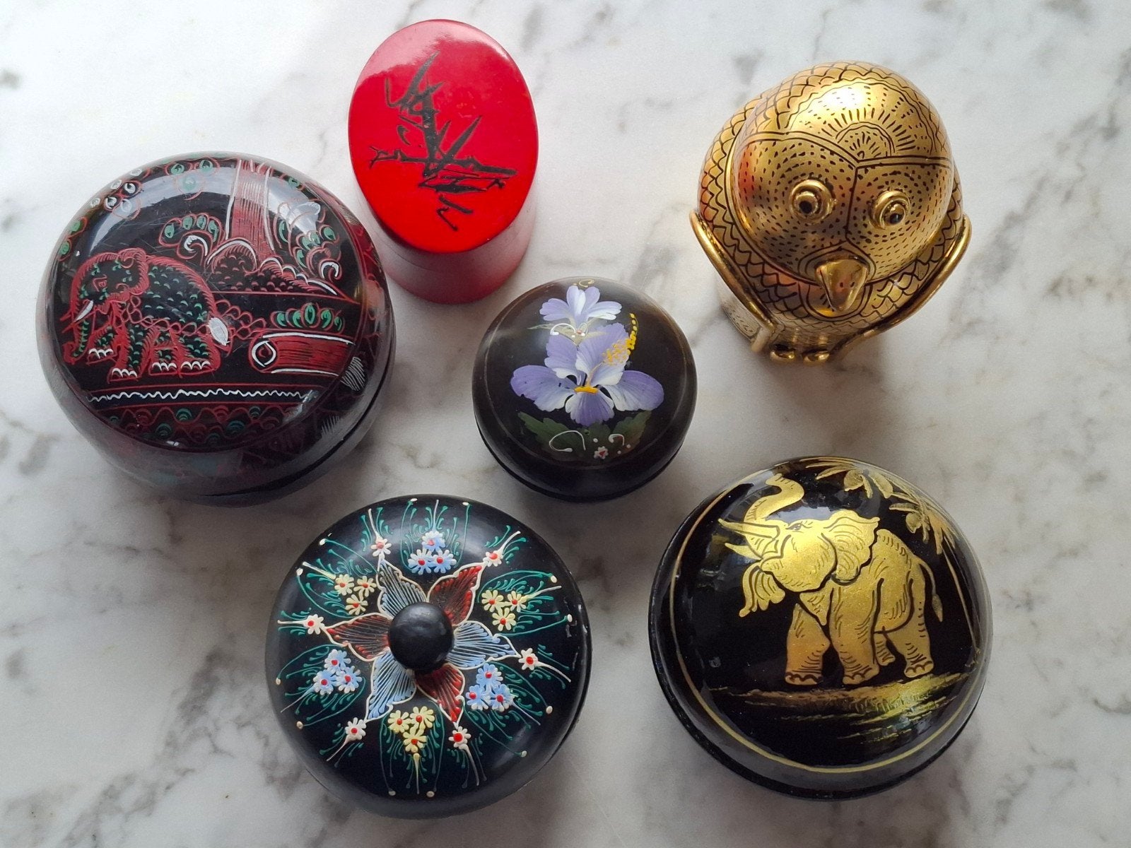 Vintage lakdoosjes papier maché hout India Bali Indonesië, Antiek en Kunst, Verzenden