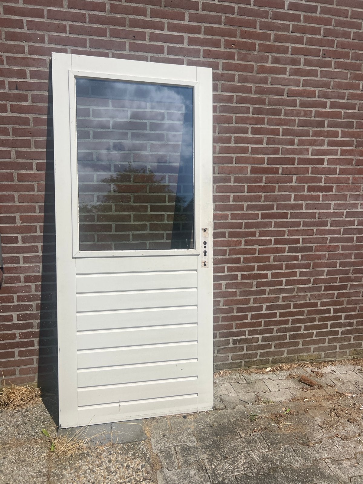 Hardhouten buitendeur met glas - Gebruikt, Ophalen, Gebruikt, 80 tot 100 cm, Buitendeur