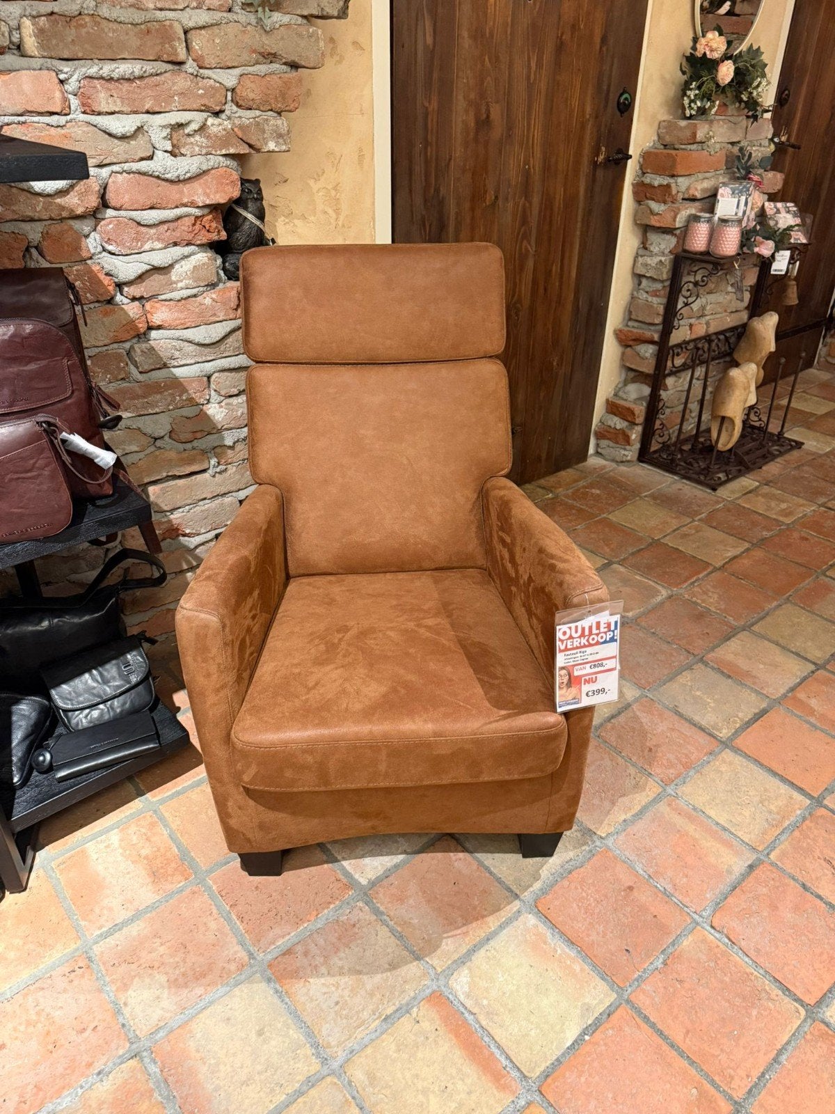 Fauteuil Riga in microleder. Kleur: Cognac, Ophalen, Nieuw, 75 tot 100 cm, Landelijk