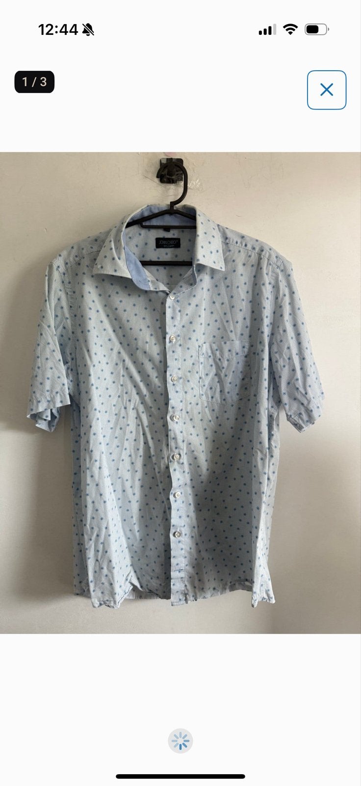 John Cabot overhemd - Lichtblauw met stippen - Maat XL, Kleding | Heren, Ophalen of Verzenden, Gedragen, Blauw, Halswijdte 43/44 (XL)