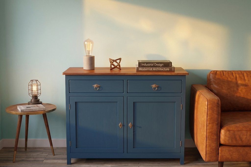 Prachtig gerestyled dressoir – Staalblauw & mahoniekleur, Ophalen, Gebruikt, Modern industrieel, 25 tot 50 cm