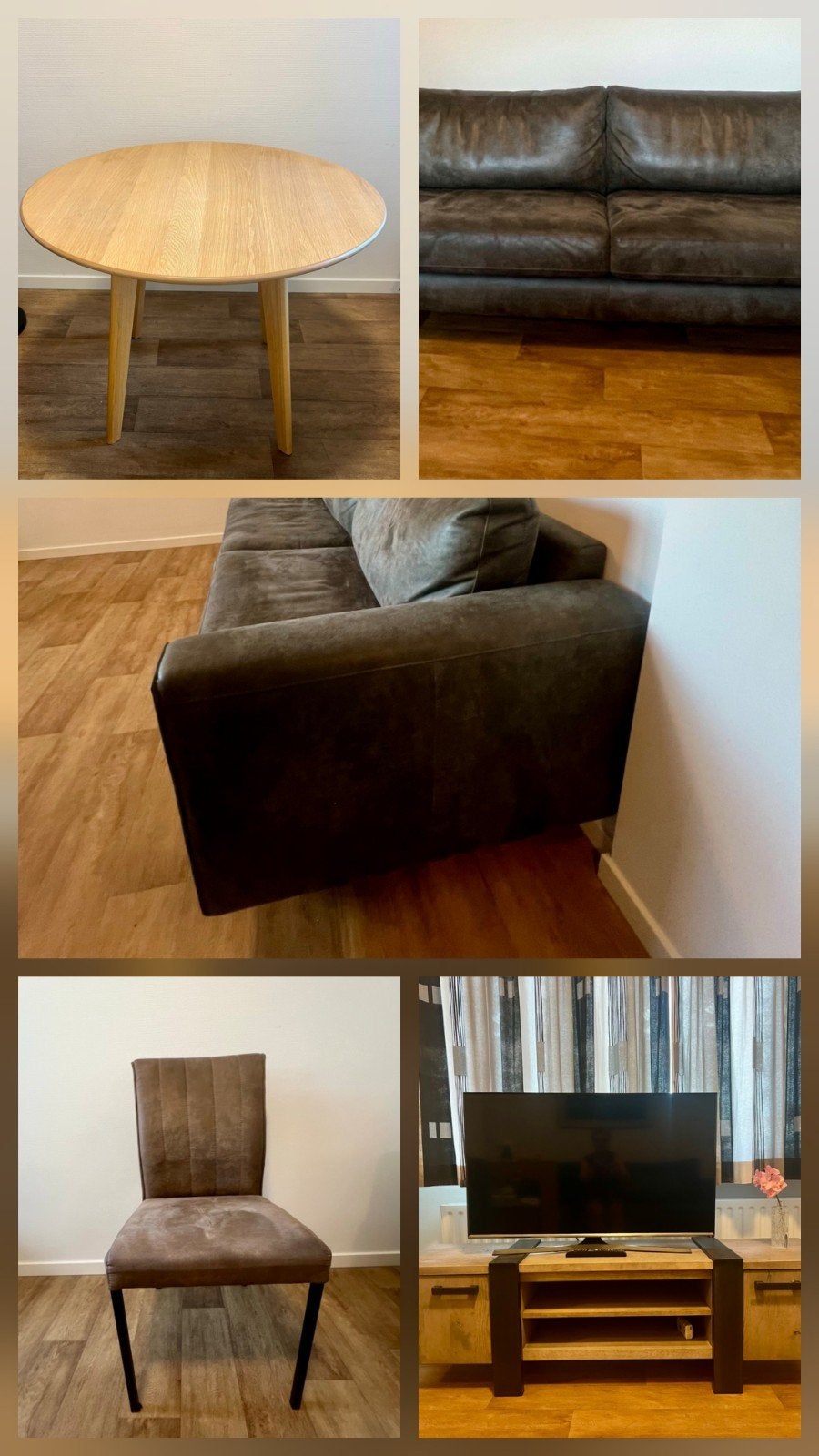 Gratis: 3-zitsbank, 3 stoelen, tafel, tv-meubel en een tv, Ophalen, 25 tot 50 cm, Minder dan 100 cm