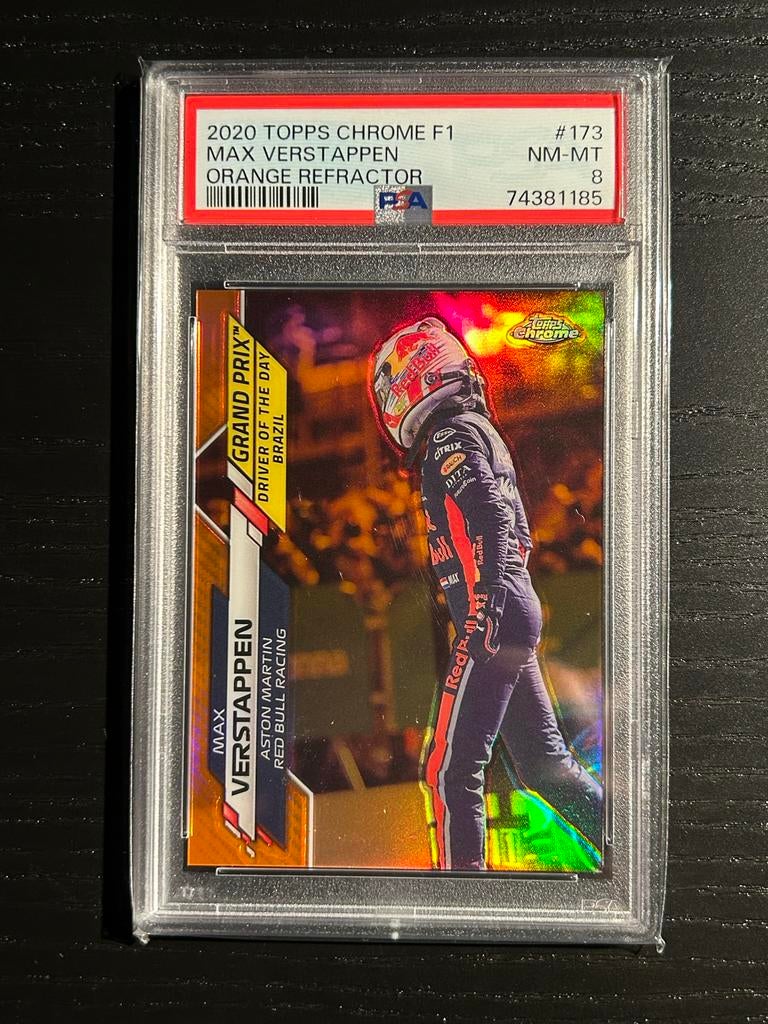 2020 Topps Chrome F1 Max Verstappen Orange Refractor PSA 8, Ophalen of Verzenden, Zo goed als nieuw, Plaatje