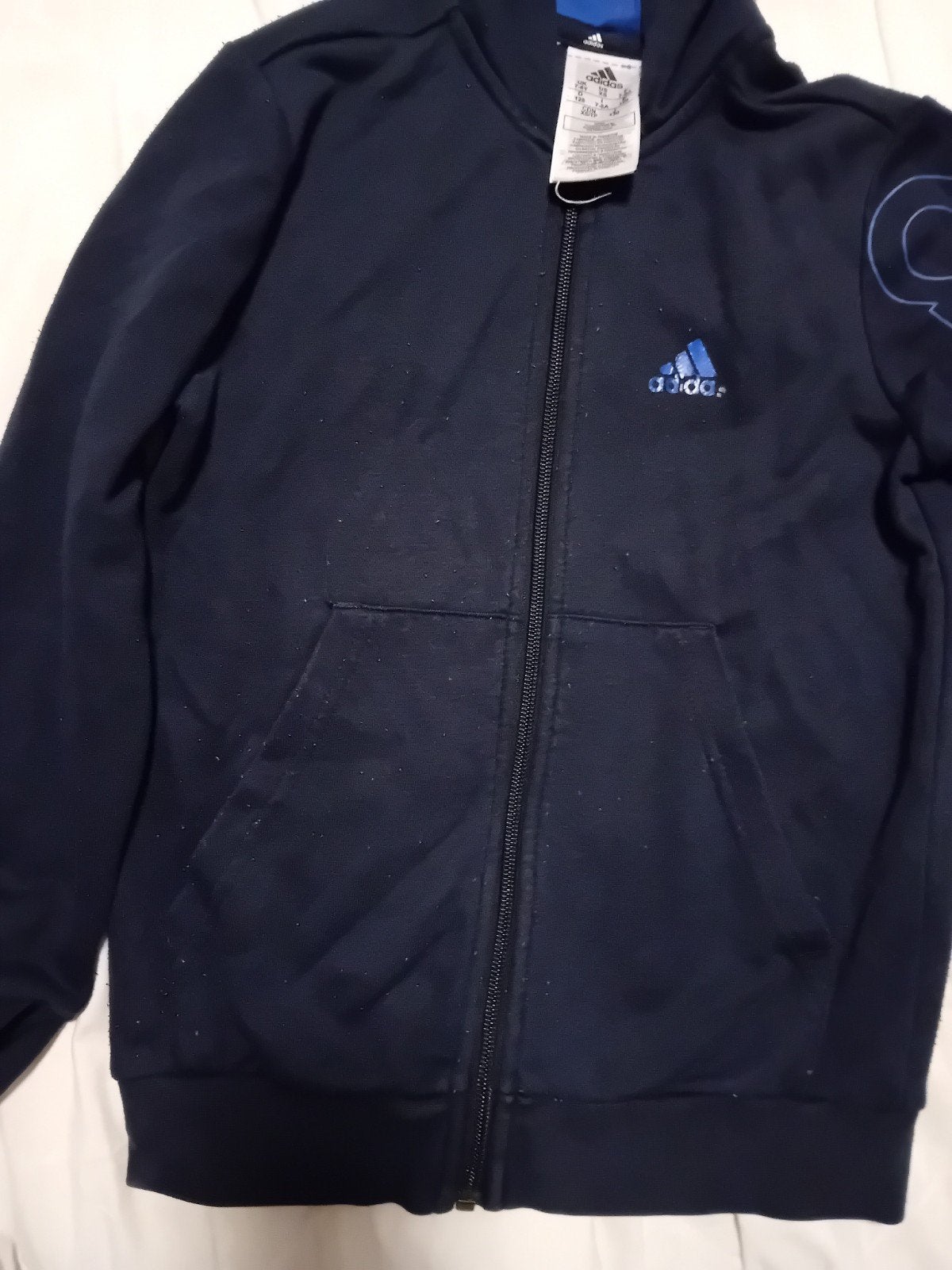 Adidas vest met capuchon - Donkerblauw - Maat 152, Adidas, Gebruikt, Jongen of Meisje, Sport- of Zwemkleding