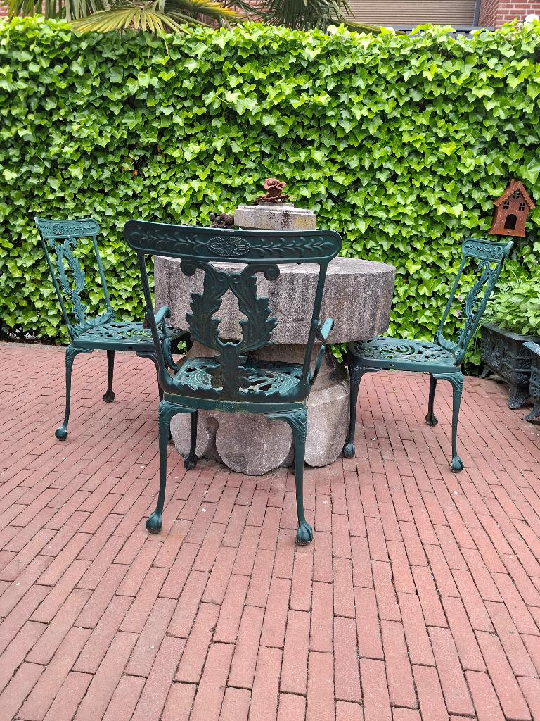 4 groene vintage bistro/ tuinstoeltjes, Ophalen, Gebruikt, Aluminium