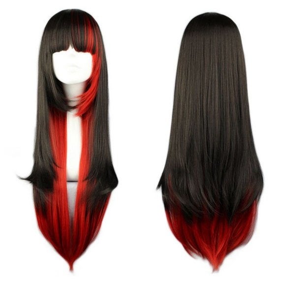 Luxe halloween duo color zwart rood pruik lang steil haar, Sieraden, Tassen en Uiterlijk, Ophalen of Verzenden, Nieuw, Pruik of Haarverlenging