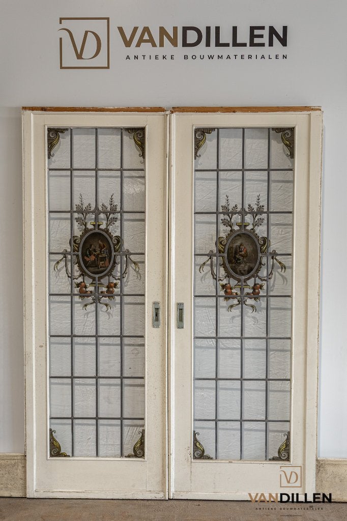 Antieke ensuite deuren glas in lood gebrandschilderd UNIEK!