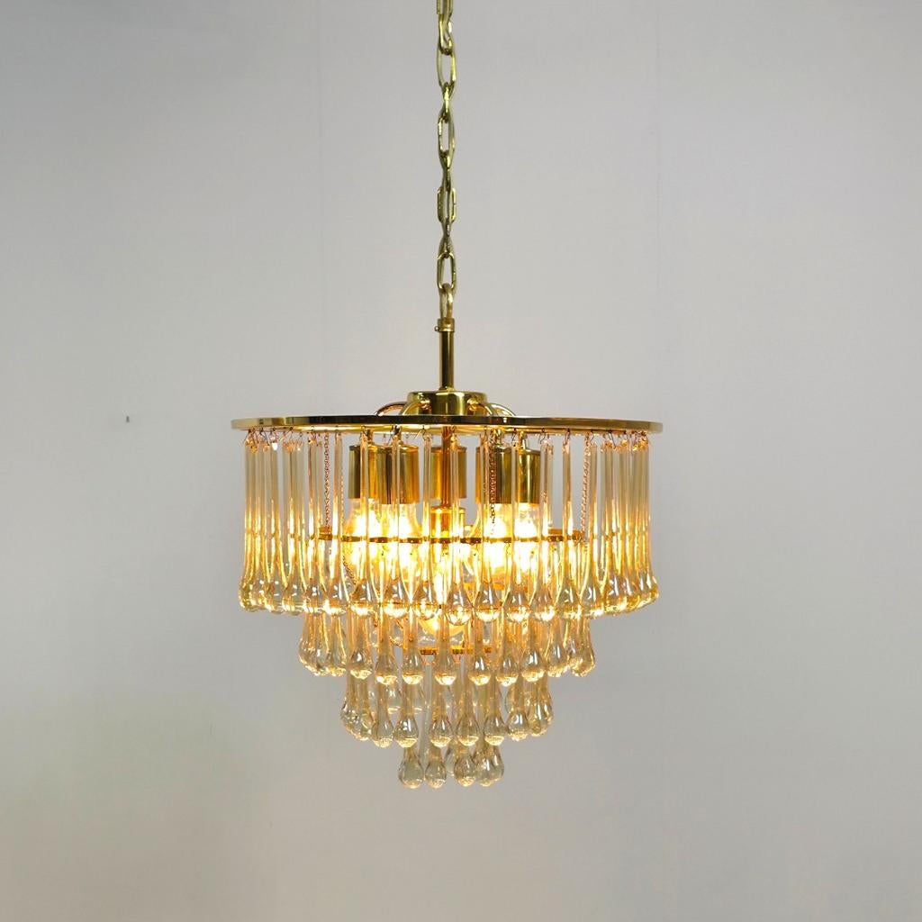 PALWA kroonluchter teardrop 4 laags messing vintage, Huis en Inrichting, Lampen | Kroonluchters, Ophalen of Verzenden, Glas