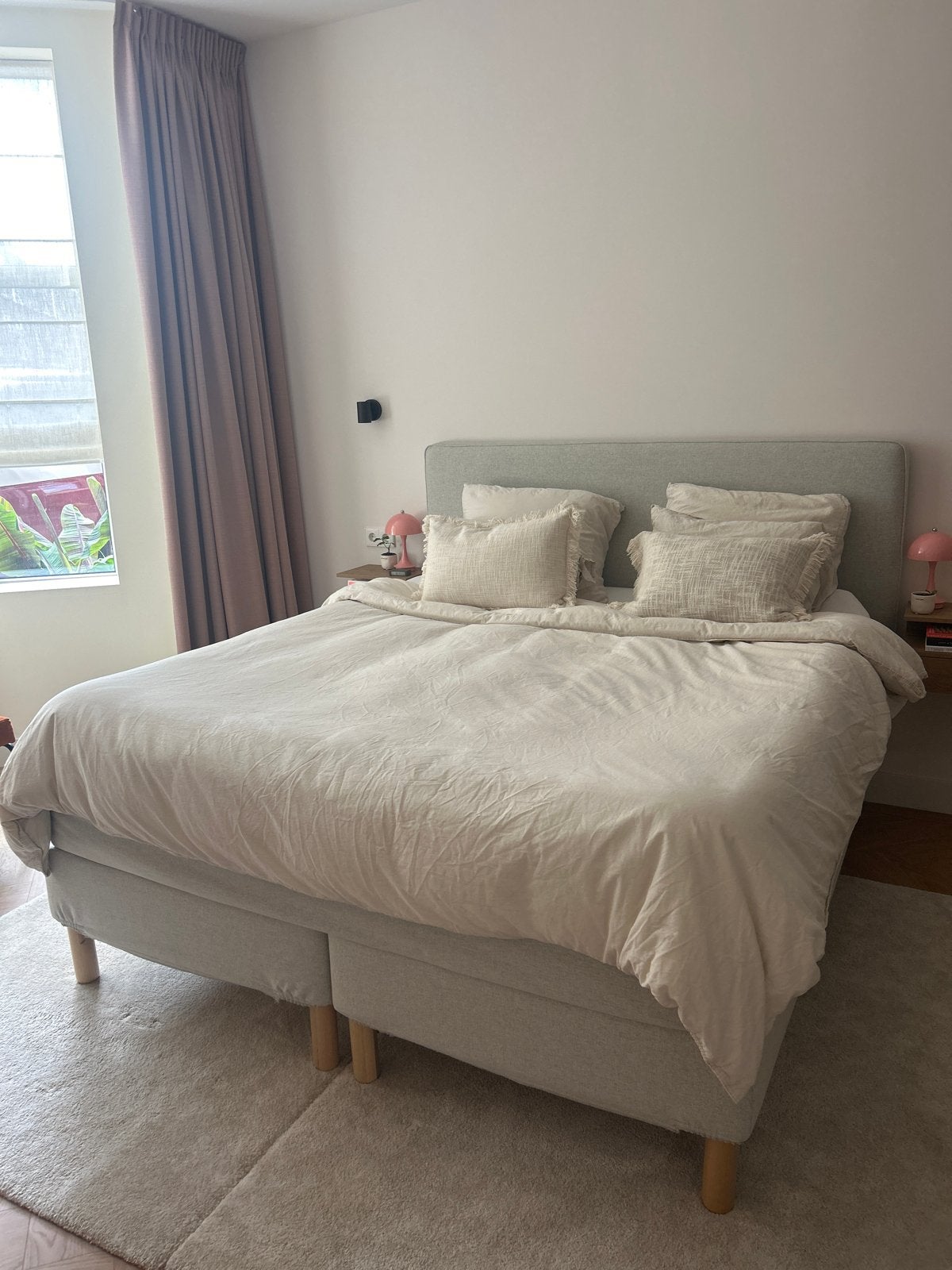 IKEA Dunvik Boxspring 180x200 incl topper en hoofdbord beige, Ophalen, Beige, Tweepersoons, Zo goed als nieuw