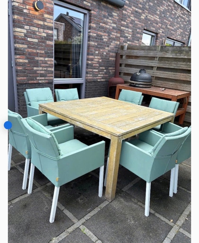 Outdoor diningset Life 8 All weather stoelen + houten tafel, Tuin en Terras, Ophalen, Teakhout, Tuinset, Eettafel