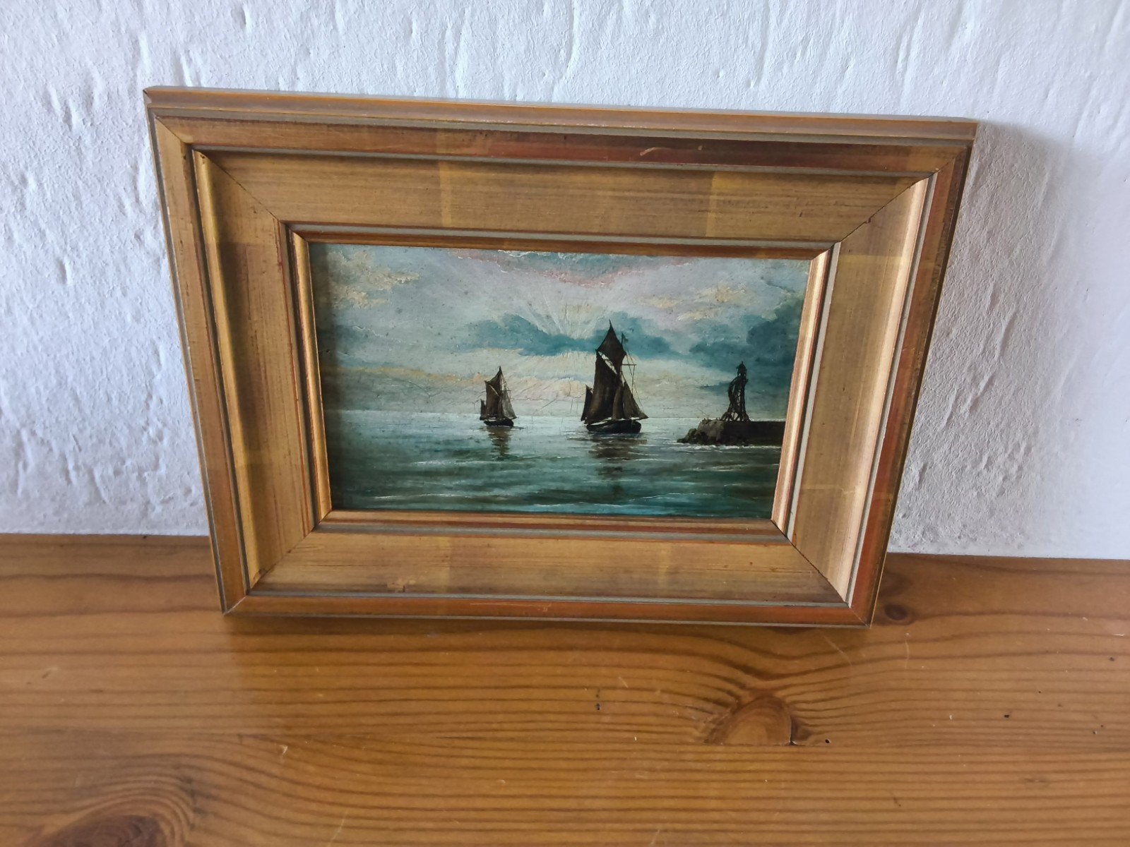 Olieverfschilderij: Zeilschepen op zee met vuurtoren, Maritiem / water, Doek, Ophalen of Verzenden, Klassiek