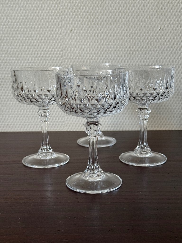 4x Vintage Kristallen Champagne Coupes Lonchamp D'arques, Glas of Glazen, Ophalen of Verzenden, Overige stijlen, Glas