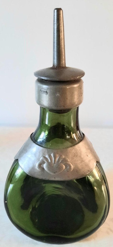 Art-Deco groen glazen elixerflesje-karafje tin beslag, Ophalen of Verzenden