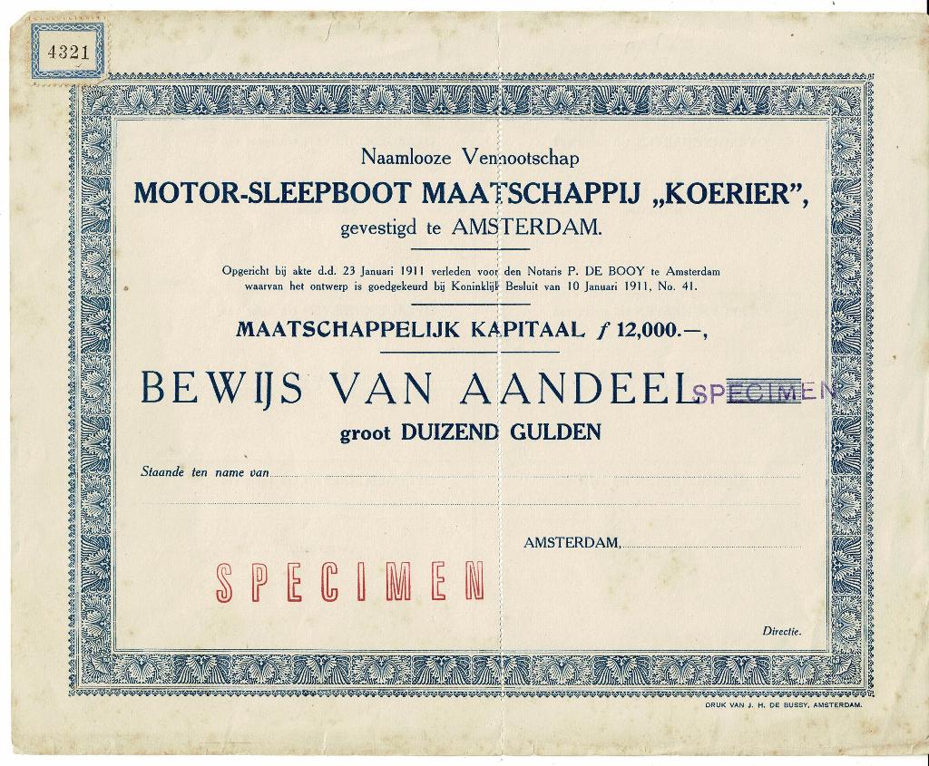 Motor-Sleepboot Maatschappij Koerier - 1911 - Aandeel ƒ 1000, Verzenden, Voor 1920, Obligatie of Lening