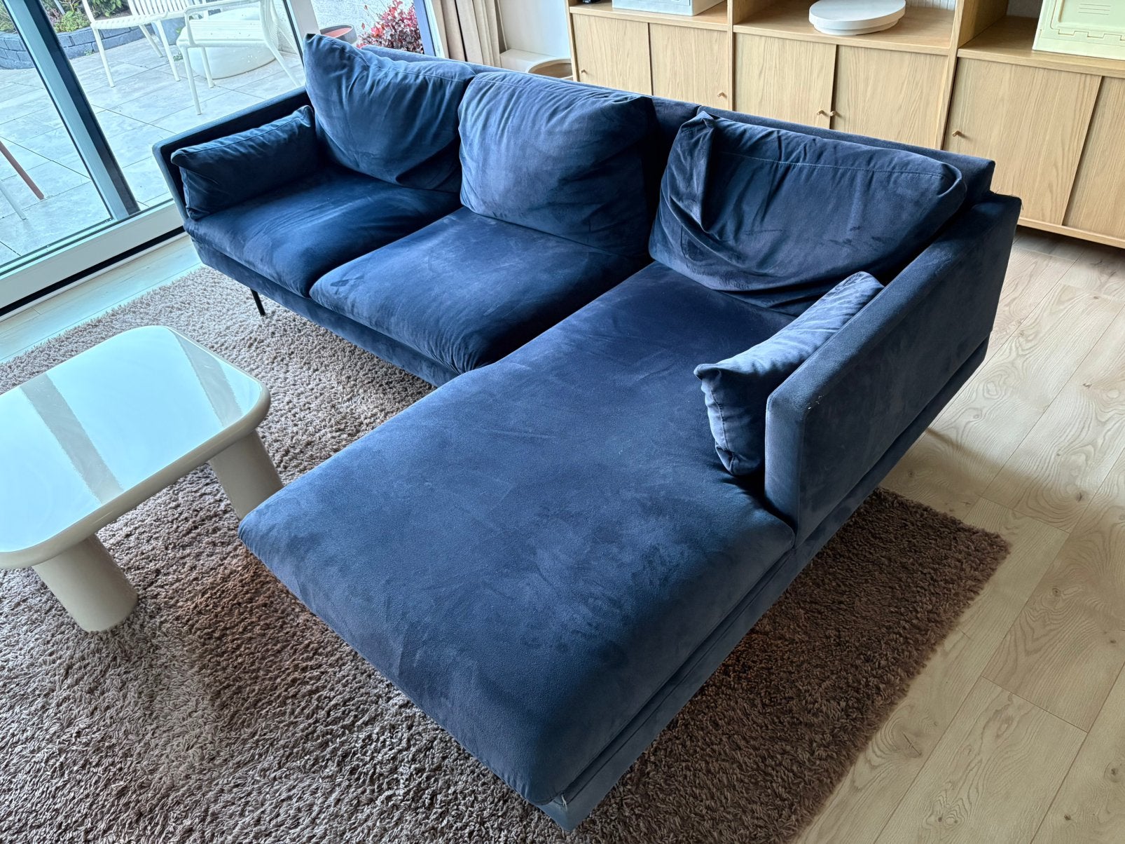 Bank Vestbjerg 3 zits blauw velours 235cm breed, Ophalen, Gebruikt, Driepersoons, 75 tot 100 cm