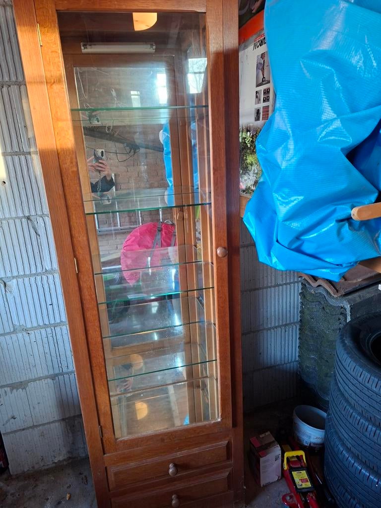 Handgemaakte Eikenhouten Vitrinekast met Verlichting, Ophalen, Met plank(en), Glas, Gebruikt