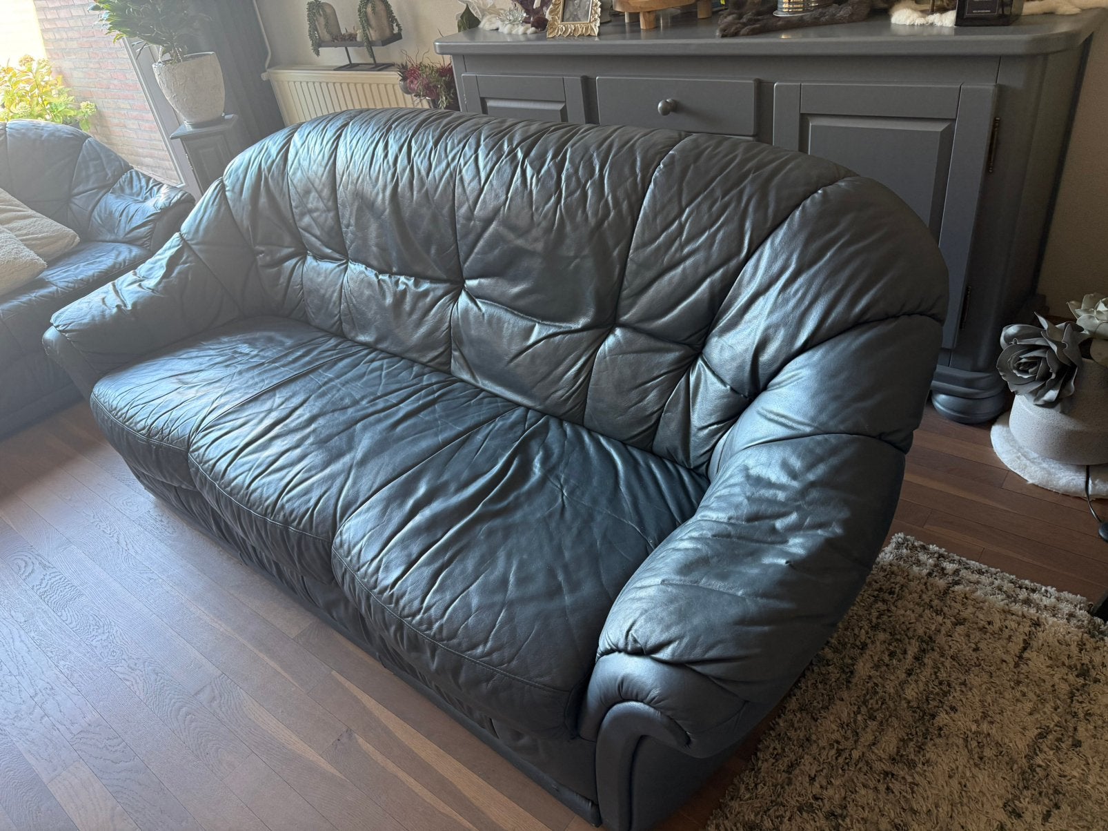 Donkerblauw bankstel, Ophalen, Gebruikt, Leer, 150 cm of meer