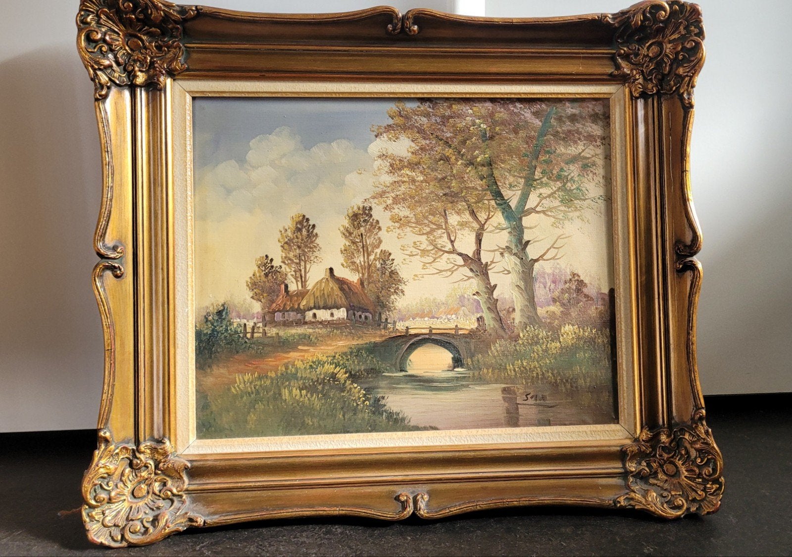 Schilderij met landschap, huisje en brug - Gesigneerd, Ophalen