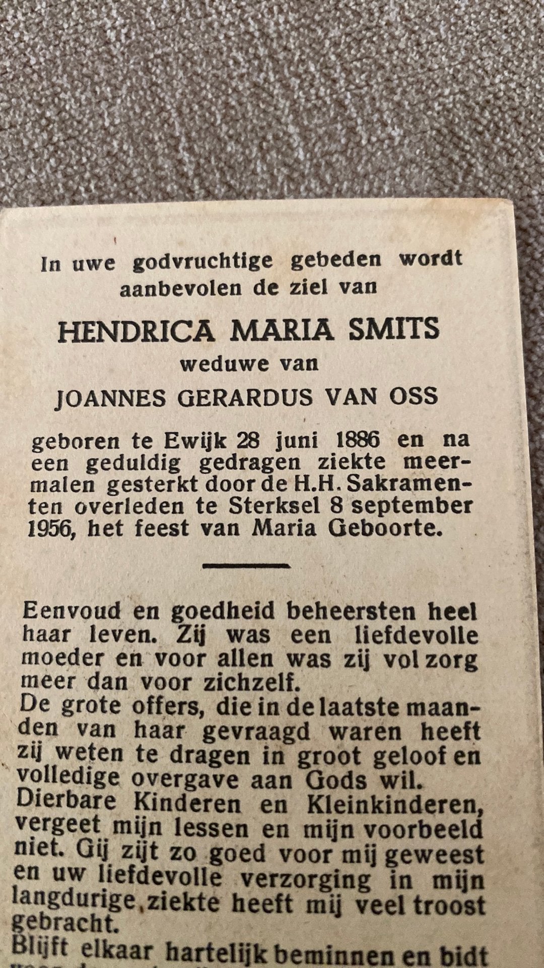 HM van Oss - Smits 1886 Ewijk 1956 Sterksel, Ophalen of Verzenden