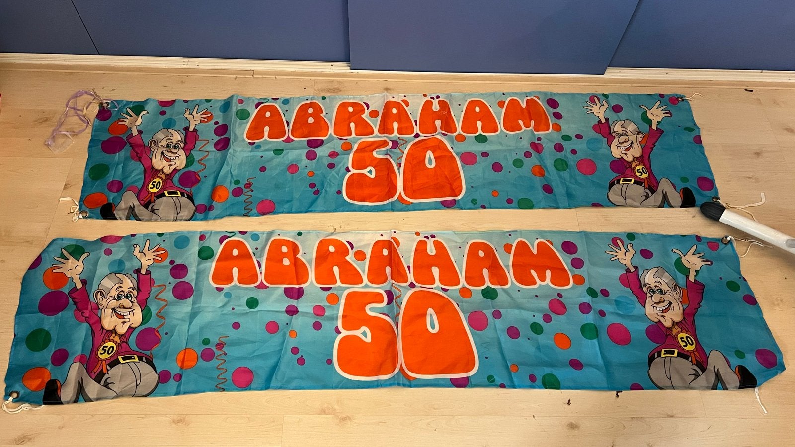 2 Abraham 50 jaar spandoeken 40x170, Ophalen of Verzenden, Zo goed als nieuw, Versiering, Abraham of Sarah