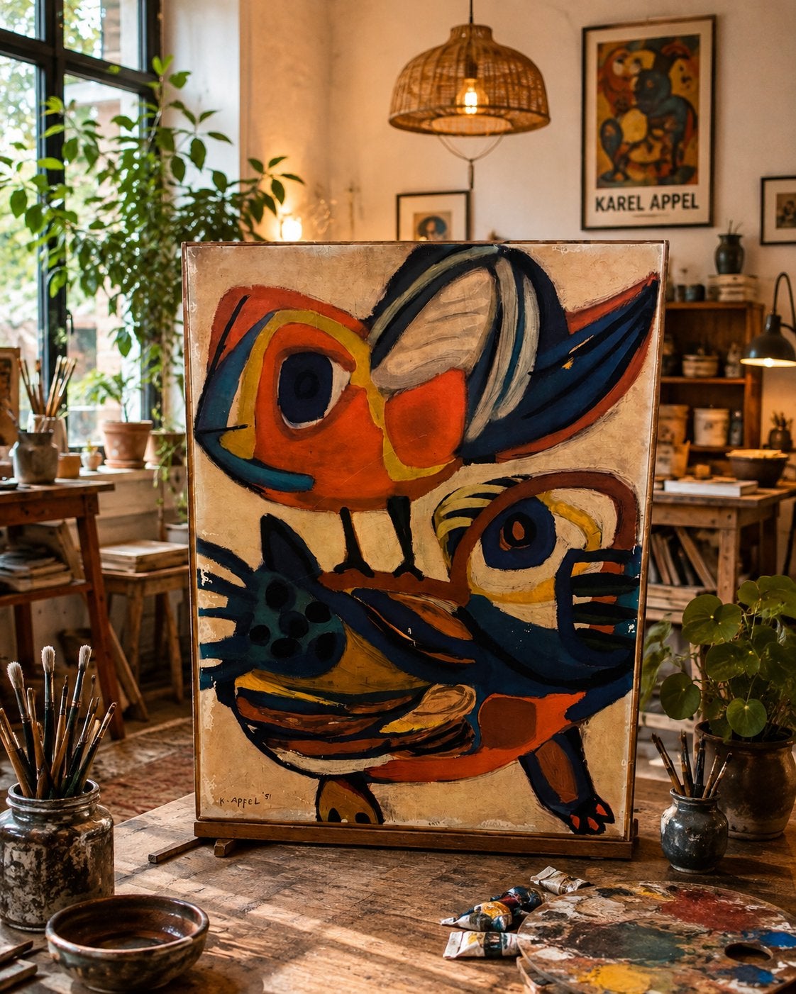 Karel Appel schilderij twee vogels Direct leverbaar, Abstract, Hout, Ophalen of Verzenden, Print