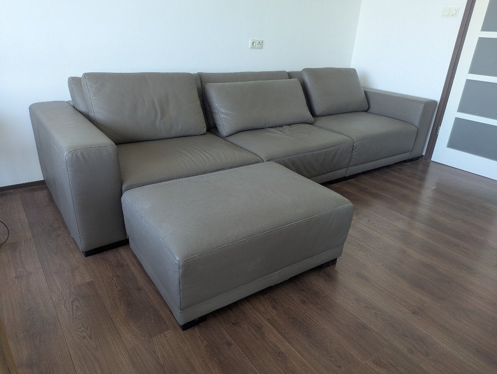 Montèl Leren Kwaliteitsbank + Hocker, In Uitstekende Staat, Gebruikt, 100 tot 125 cm, 300 cm of meer, Leer