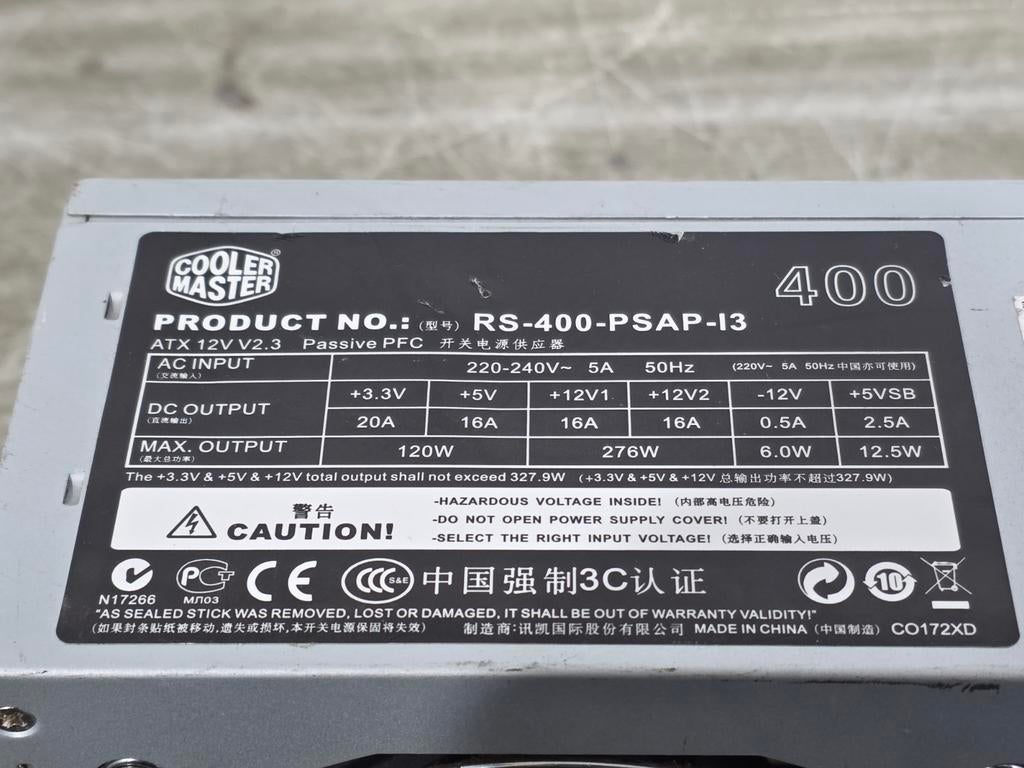 Cooler master 400w max voeding psu power supply rs-400-psap-, Ophalen of Verzenden, Gebruikt