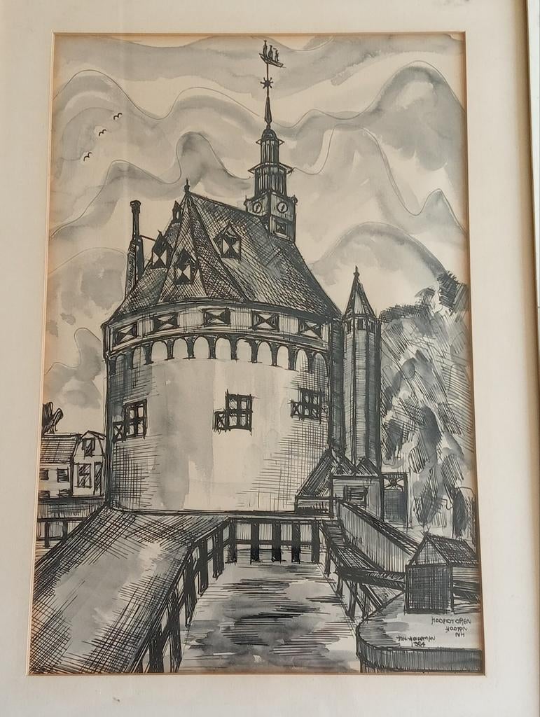 Originele pentekening aquarel Hoofdtoren in Hoorn 1964, Ophalen of Verzenden