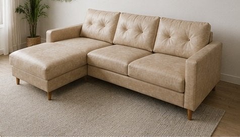 Beige hoekbank / slaapbank met chaise longue en opbergruimte, Huis en Inrichting, Banken | Bankstellen, Ophalen, Gebruikt, 125 tot 150 cm