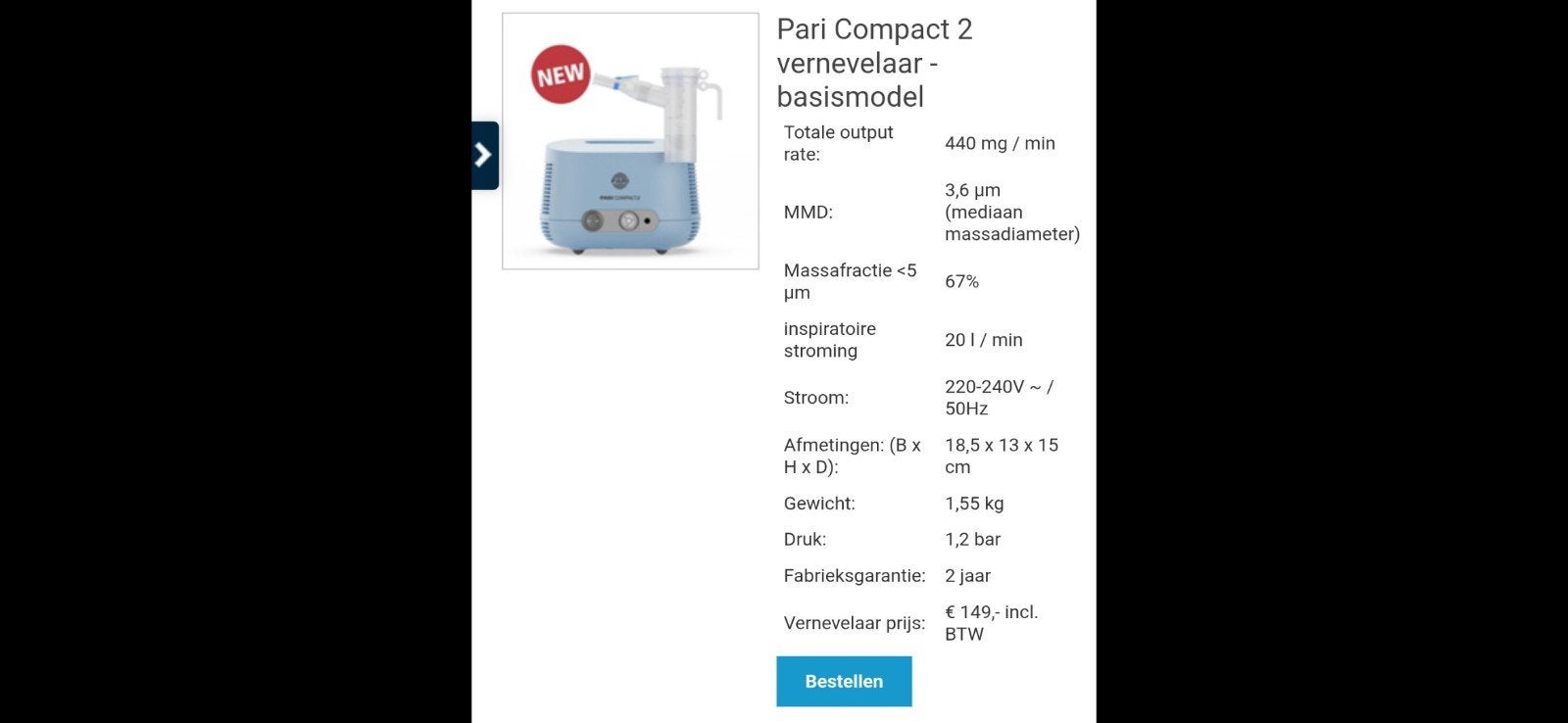 Pari Compact 2 Vernevelaar - Nieuw in doos met extra's, Diversen, Ophalen of Verzenden, Nieuw