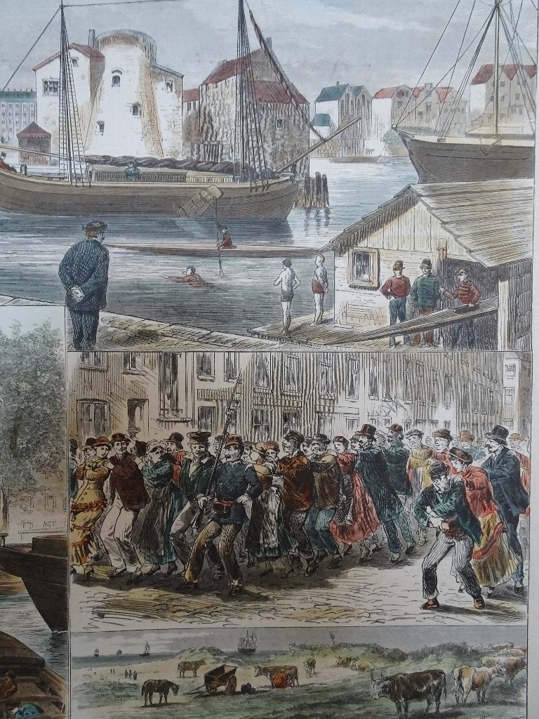 gravure kleur kermis Rotterdam trekschuit Engelse kerk 1882, Antiek en Kunst, Dagelijks leven, 1800 - 1899, Ophalen of Verzenden