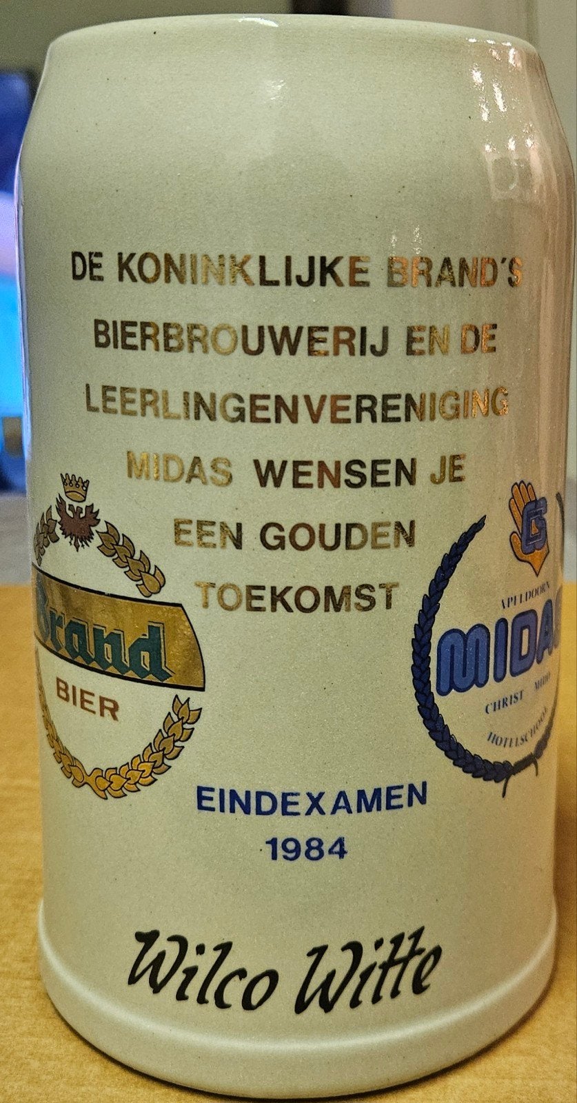 Brand bier liter pul Hotelschool 1984, Ophalen of Verzenden, Zo goed als nieuw