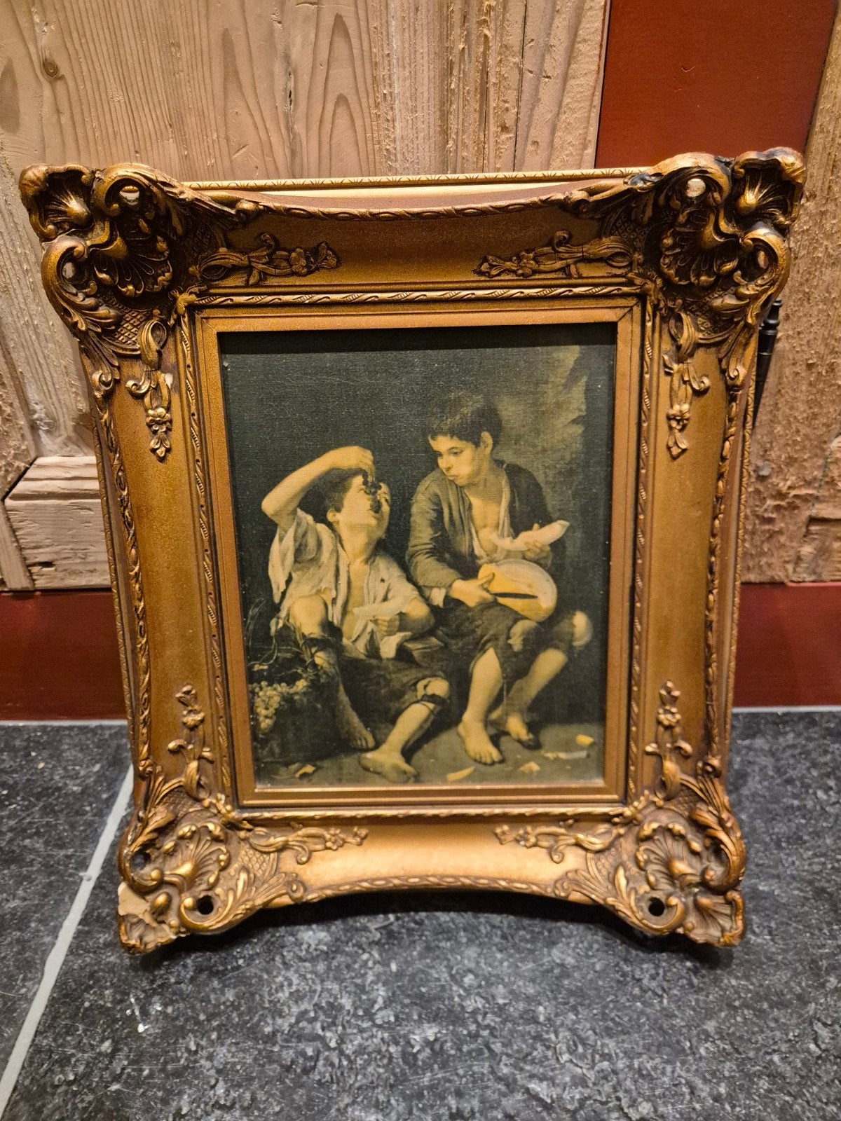 Klassiek schilderij: Twee jongens met druiven en kaas, Bijzondere lijst, Doek, Portret of Personen, Ophalen of Verzenden