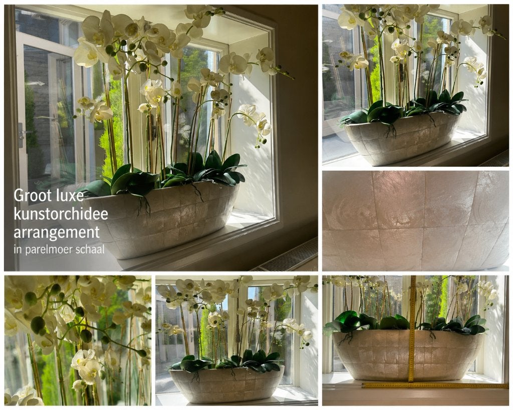 Groot luxe kunstorchidee arrangement in parelmoer schaal, Overige materialen, Binnen, Ophalen of Verzenden, Zo goed als nieuw