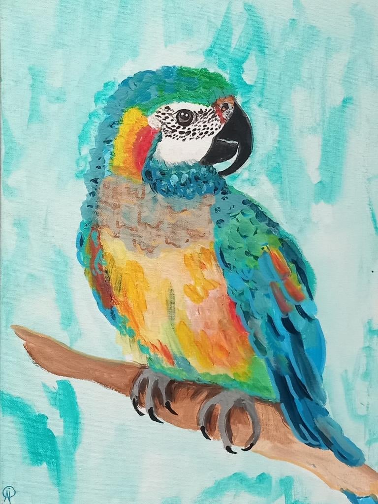 Kleurrijke Papegaai op Canvas - Acrylverf Schilderij, Ophalen of Verzenden
