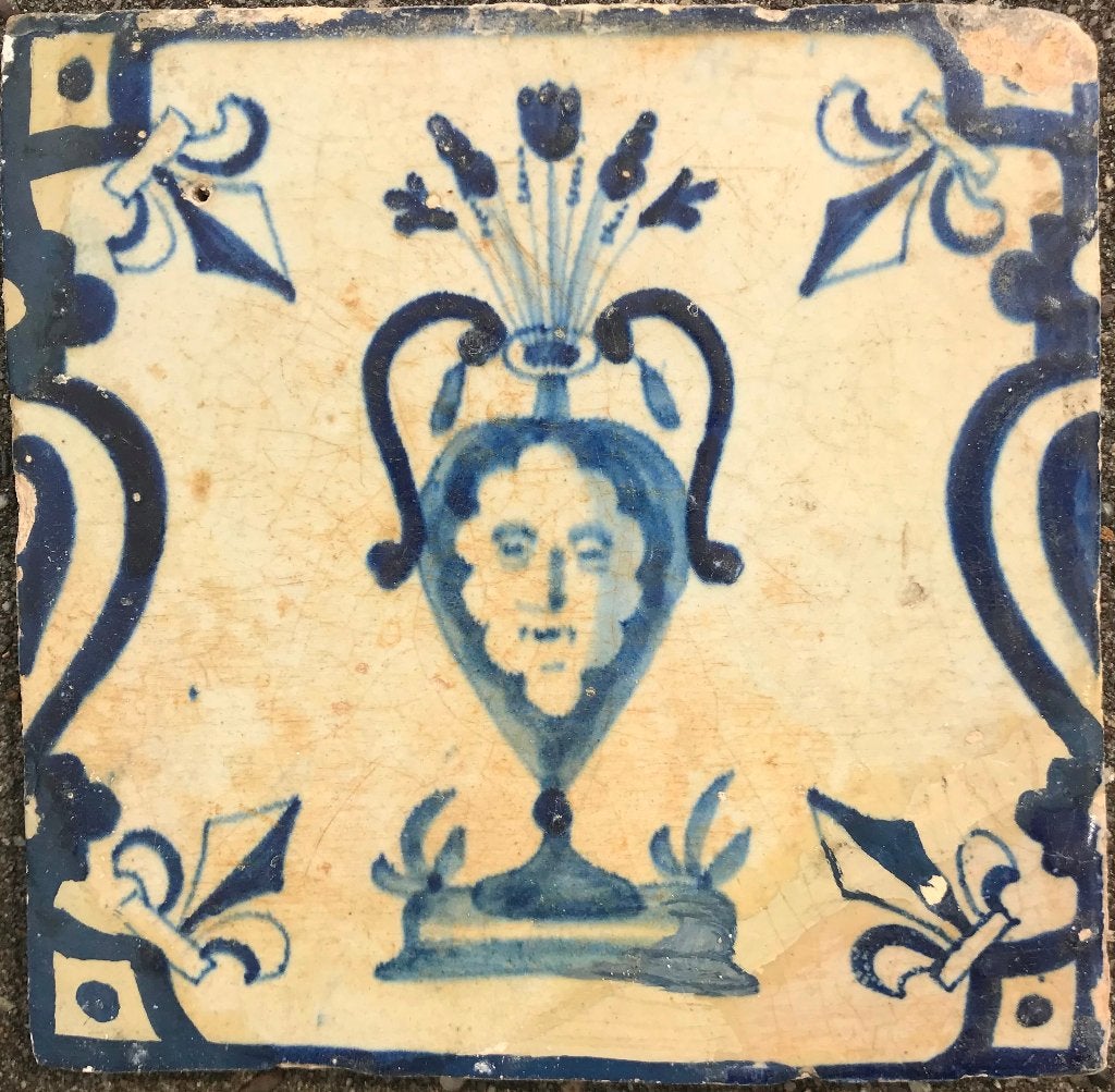 tegel bloempot met gezicht in kandelaber bodemvondst ca.1650, Verzenden